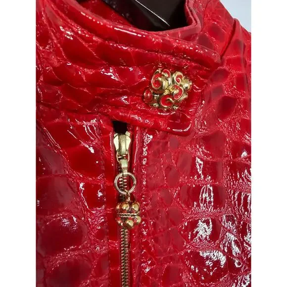 VTG St. John By Marie Gray Red Leather Women's Jacket Crocodile Embossed Sz 14